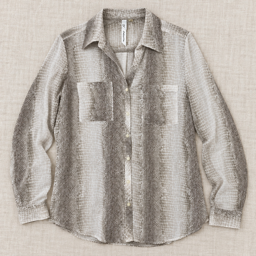 NY Collection Blouse Small Taupe Snakeskin Print Button Front